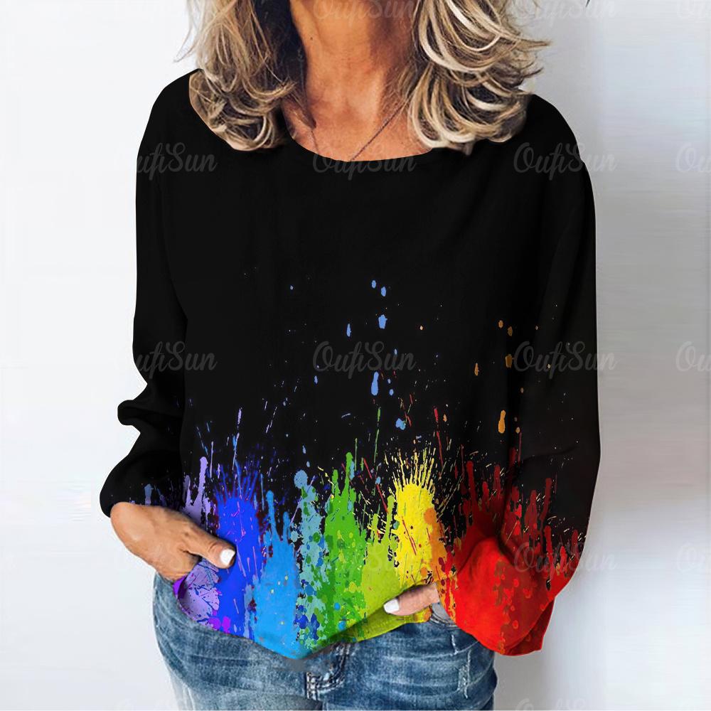 Мода граффити бабочка принт цветной всплеск сосна кипарис длинный рукав футболка осенняя мода женская футболка