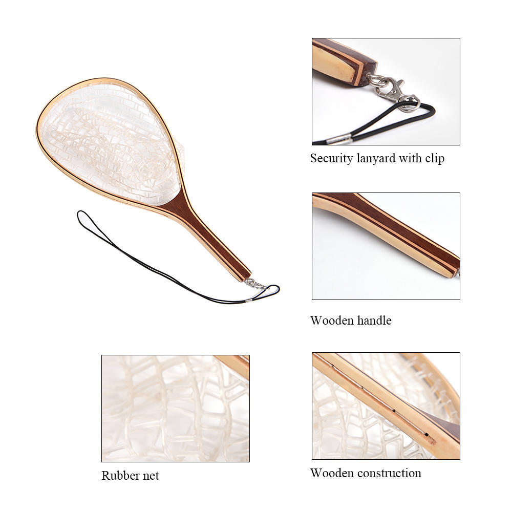 Fly Fishing Landing Net Wooden Handle Frame Catch and Release Net Portable Lightweight Rubber Fishing Net