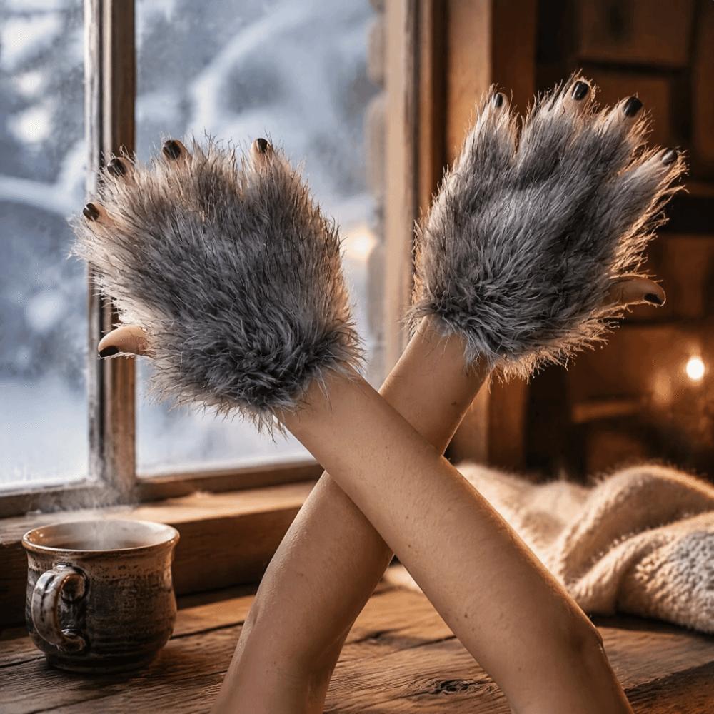 Hairy Werewolf Paw Mitten Fluffy Texture Wolf Hat with Ears Wolf Paw Cosplay Set Carnival Party