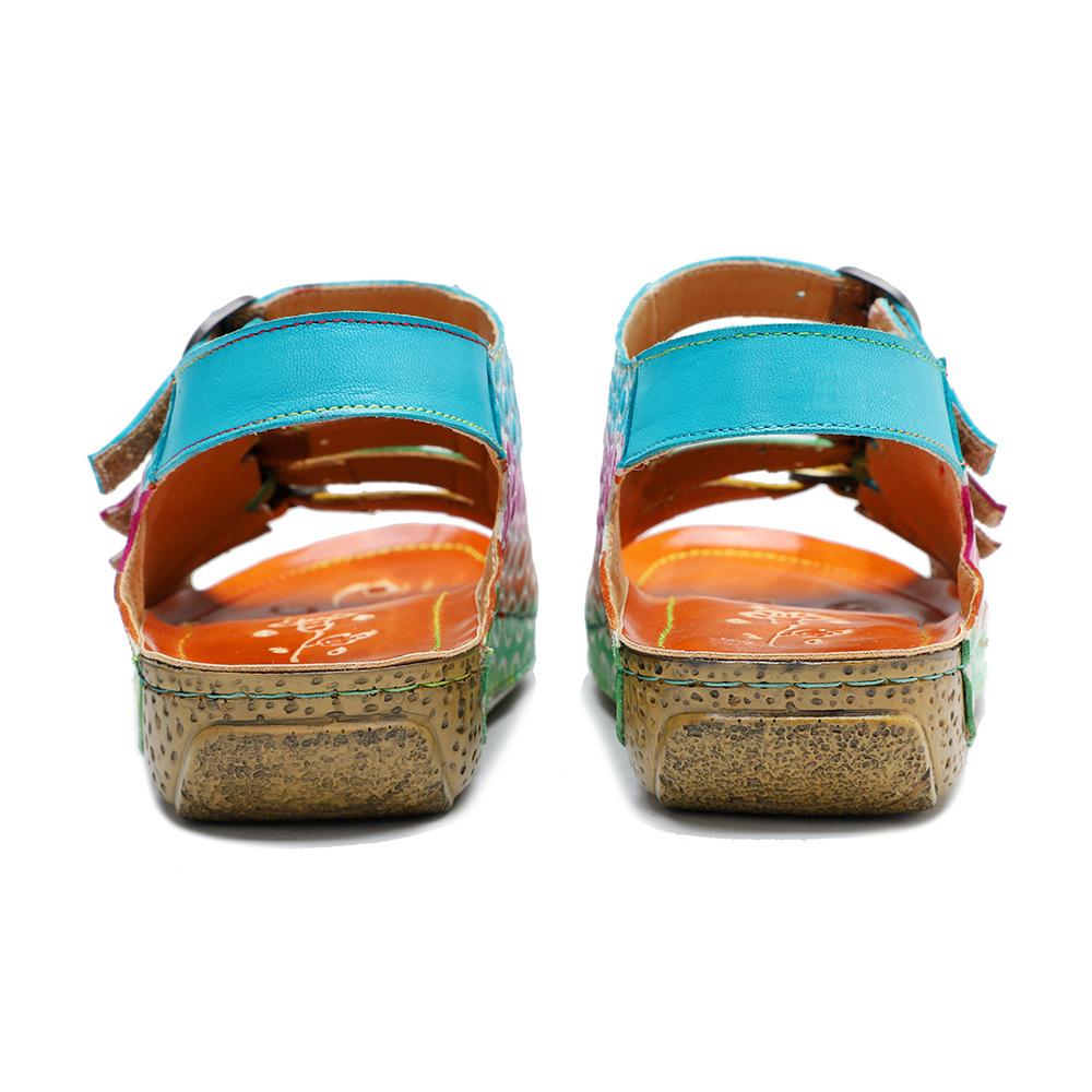 Johnature Женская обувь в стиле ретро из натуральной кожи, летние цветные сандалии на плоской подошве, удобные дышащие пляжные сандалии с ручной росписью