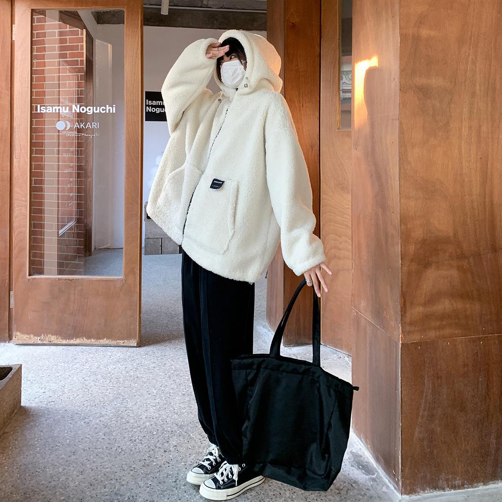 Женская куртка с капюшоном из утолщенной овчины, свободный и теплый кардиган на хлопковой подкладке для похудения осенью и зимой