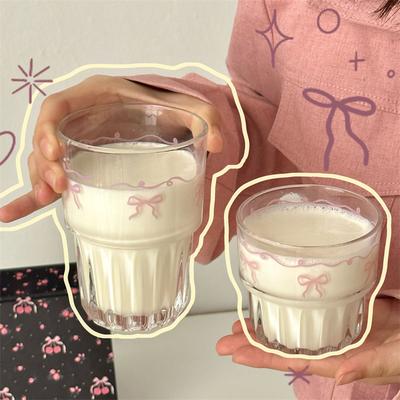 Кавайная кружка из стекла с бантиком Эстетичная милая корейская кружка для холодных и горячих напитков, кофе, сока, вина, молока. Питьевой стакан, десертная чашка для мороженого