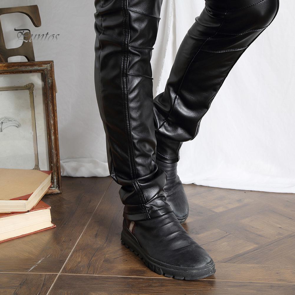 Men Solid Color Faux Leather Multi Pockets Skinny Pants Stage Club Long Trousers