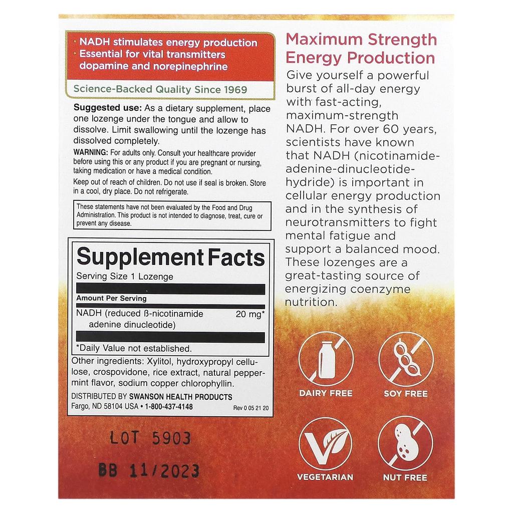 Swanson, Full Strength NADH, Peppermint Flavor, 20 mg, 30 Lozenges