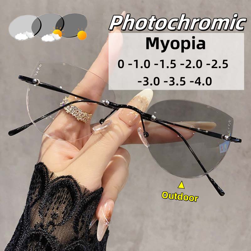 Безочковая фотохромная оправа «Кошачий глаз» для коррекции миопии с декором из страз и функцией защиты от синего света