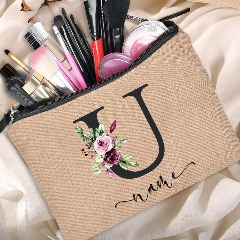 Linen Makeup Bag Customized Personalized Name Cosmetic Bag Bridesmaid Clutch Outdoor Travel Beauty  Bachelor Party Lipstick Bag