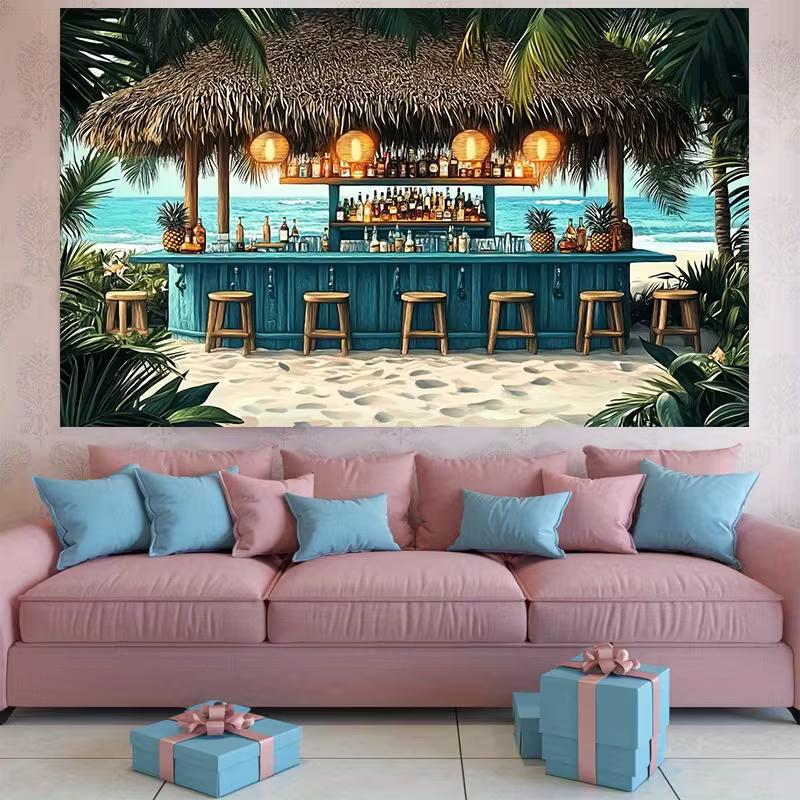 Summer Beach Hut Bar Tapestry, Tropical Ocean View Wall Art Decor