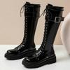 Fashion Winter Shoes Women's Knee High Boots Platform Lace Up Buckle Black White Punk Long Combat Riding Rain Boots Waterproof