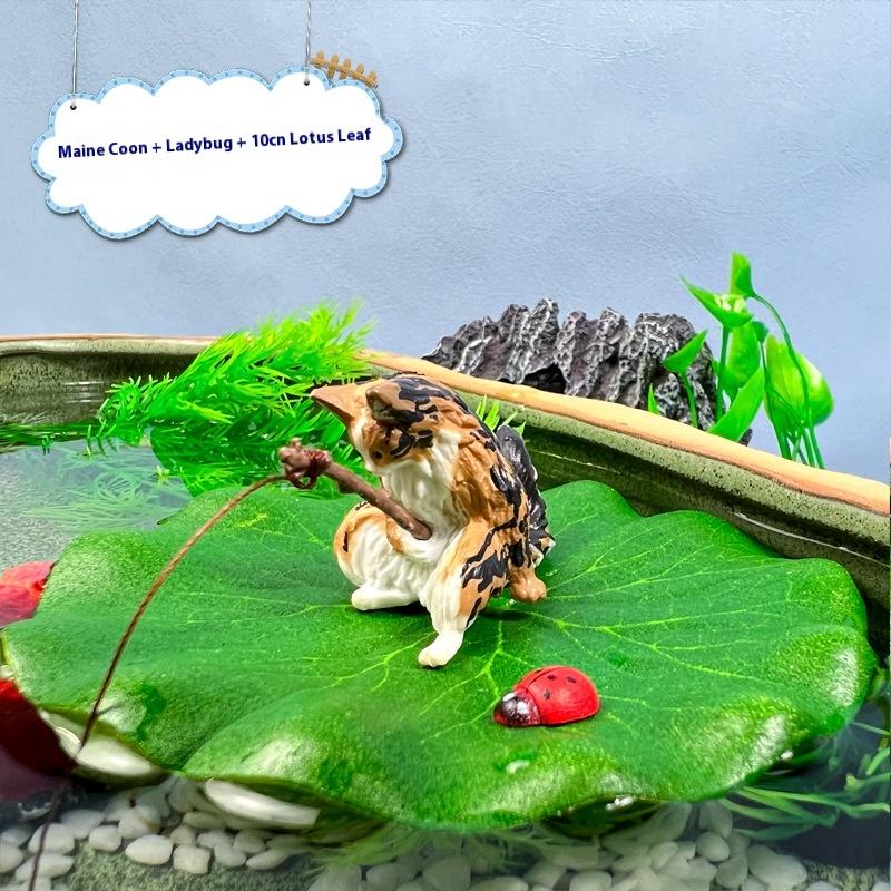 3Pcs Fishing Cat Ladybug Lotus Leaf Set Ornaments Aquarium Decoration Cartoon Cat Statue Mini Resin Figurine Home Decor