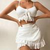 Sling Bra Solid Color Briefs Cover Up Skirt Set Three-piece Women's Bikini Set with Ruffle Hem High Waist Cover Up for Beachwear