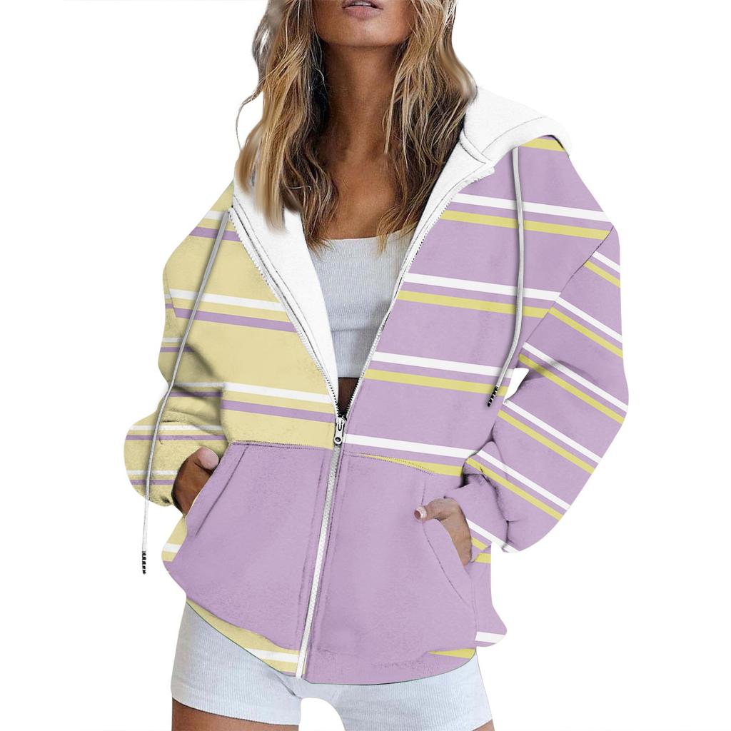 Женская толстовка с длинными рукавами в полоску с принтом пэчворк, карман на молнии, куртка с капюшоном