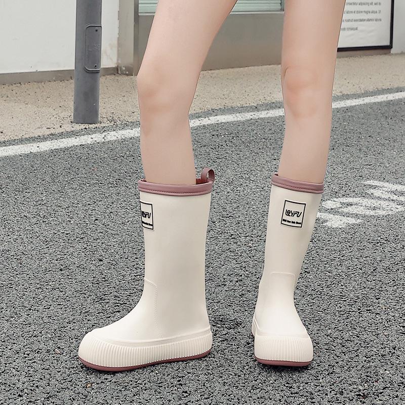 Женские высокие резиновые сапоги в японском стиле с флисовой подкладкой, водонепроницаемые - Нескользящие, легкие и износостойкие.