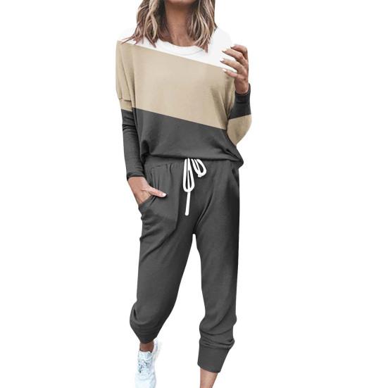 2 шт./комплект женский топ брюки костюм круглый вырез длинный рукав цветной блок спортивный свитшот завязка