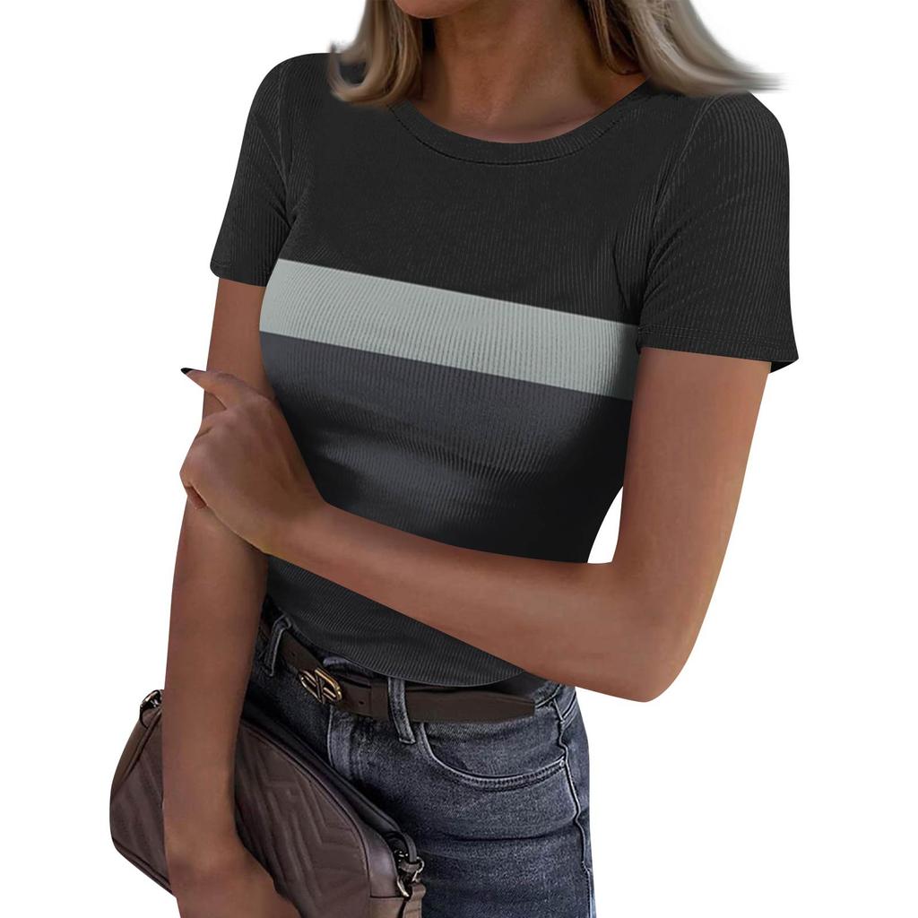 Женская узкая футболка, модный повседневный свитер с круглым вырезом и коротким рукавом