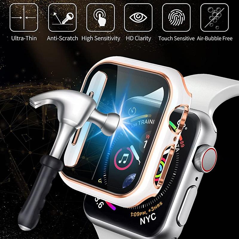 Закаленное стекло 2 в 1 + чехол для Apple Watch Series 7, 41 мм, 45 мм, iWatch Series SE 6, 5, 4, 3, 2, 1, 38 мм, 40 мм, 42 мм, 44 мм, рамка с полным бампером, аксессуары для часов