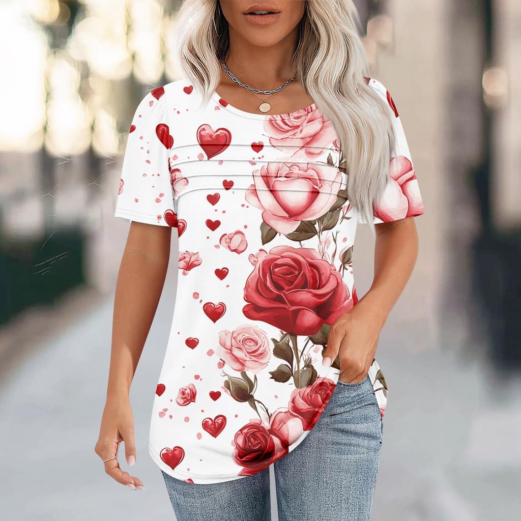 Женский топ с короткими рукавами и круглым вырезом, с принтом в виде сердечек ко Дню святого Валентина, плиссированный