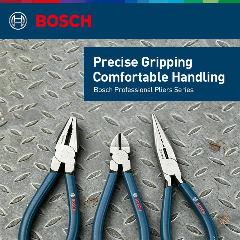Bosch Набор из 3-х пассатижей, Хромованадиевая сталь, Закаленные губки, Черное фосфатированное покрытие, Эргономичные обрезиненные рукоятки, Длинногубцы и Бокорезы