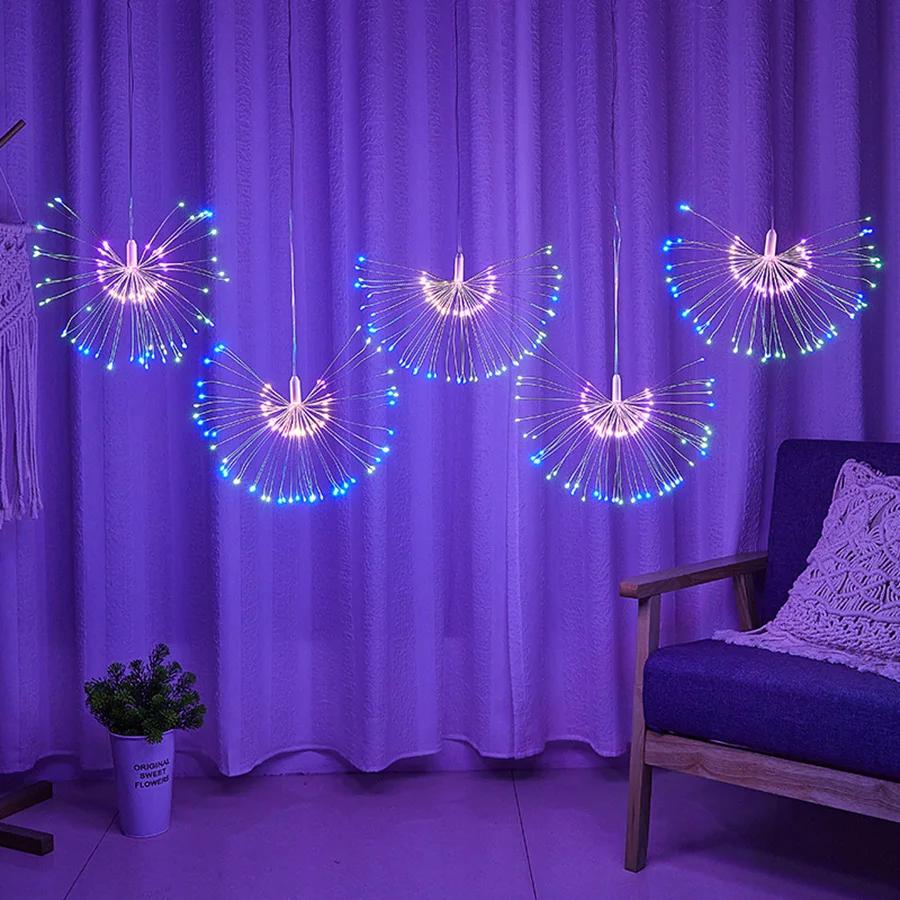 5 Pack 600 LED Plug In Starburst Light Connectable Outdoor Firework Light Hanging Firework Fairy Light for Patio Parties Decor