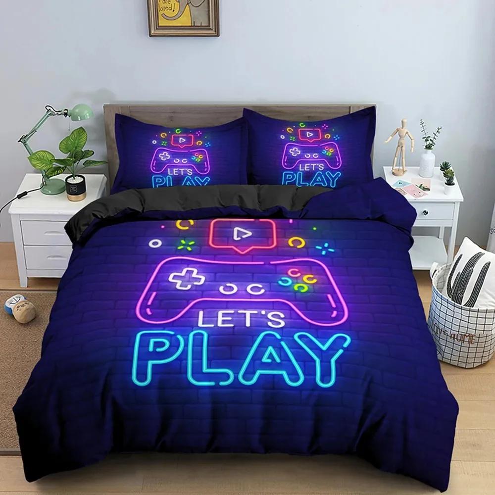 Gaming Gamepad Video Game Neon Comfortable Duvet Quilt Cover Pillowcase Bedding Set Children Bedroom Decoration Home Textile