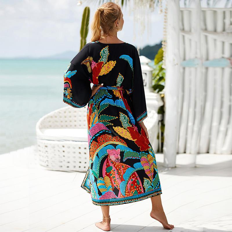 Женское бикини кимоно кардиганы с принтом длинные накидки для купальника для купальных костюмов больших размеров домашняя одежда с самопоясом EMA