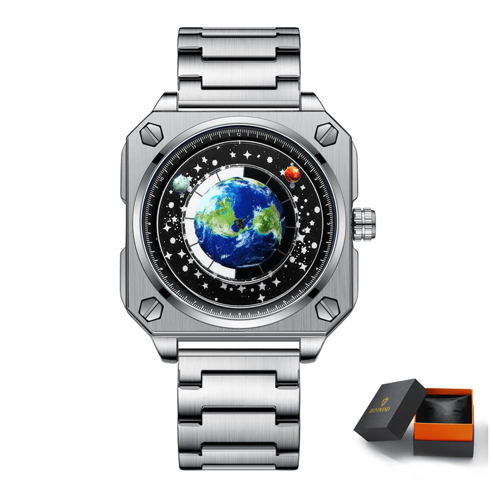 New Men's Watch Creative Cool Big Dial Moon Earth Star Sky Silicone Steel Band Quartz Watch