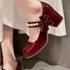 Fashion Platform Beads Bowknot Dating Shoes Spring Black Single Shoes Women Janes Pumps Round Toe Block Heels