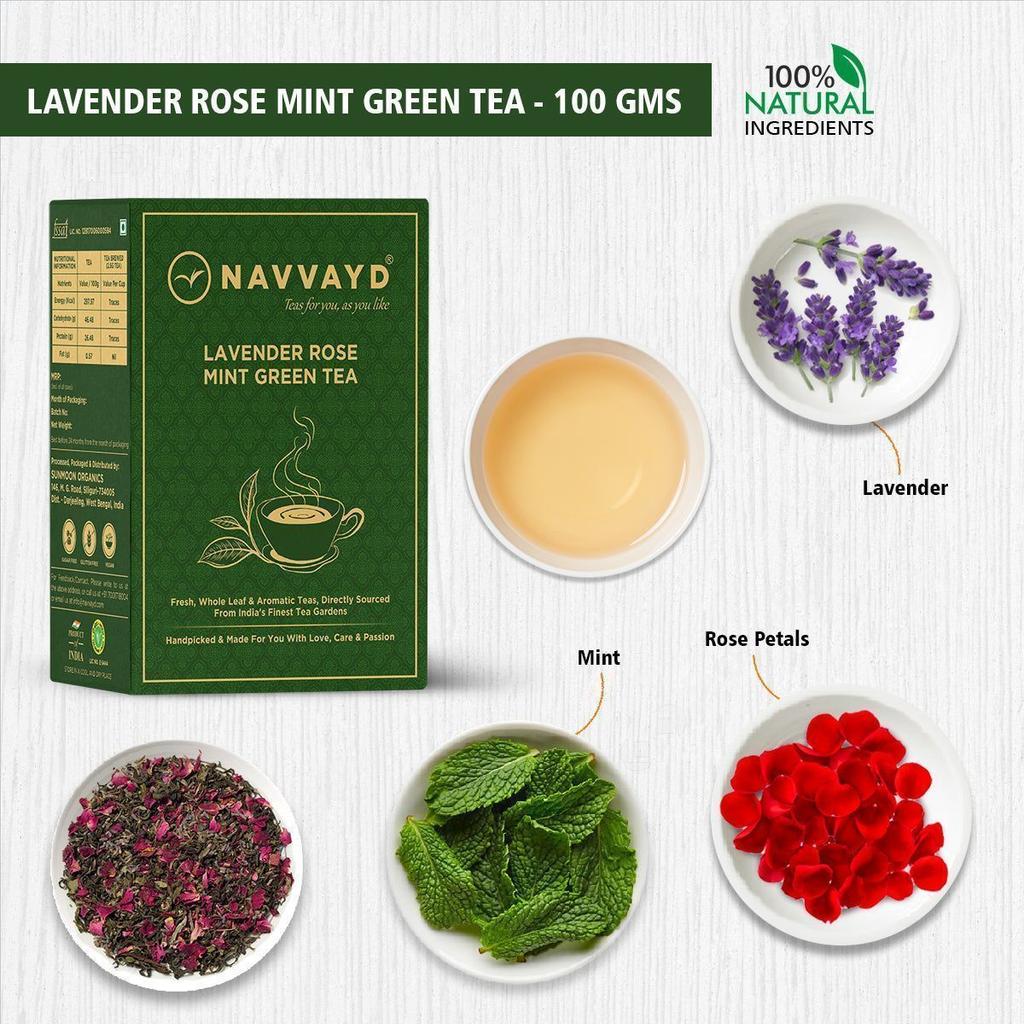 Зеленый чай с Лавандой, Розой и Мятой (100 г), Lavender Rose Mint Green Tea,  Navvayd