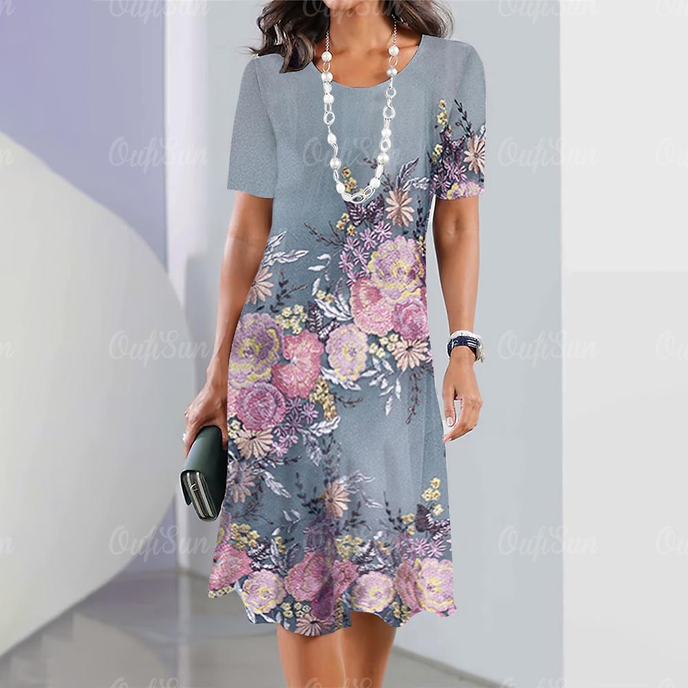 New women's dress with floral print, summer elegant dress, Femle short sleeved dress, fashionable oversized clothing