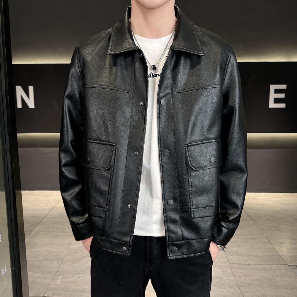 Мужская повседневная трехцветная кожаная мотоциклетная куртка приталенного силуэта с новым трендом лацканов (2025)