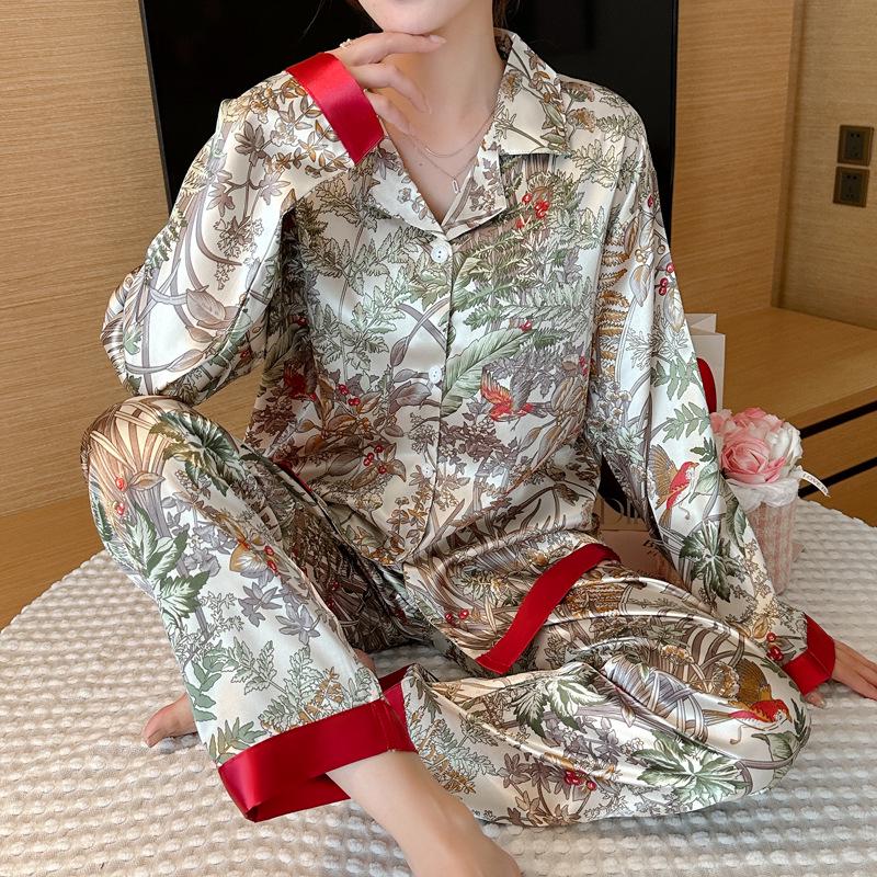 Ice Silk Women's Mori Style Long Sleeve & Pants Floral Pajama Set