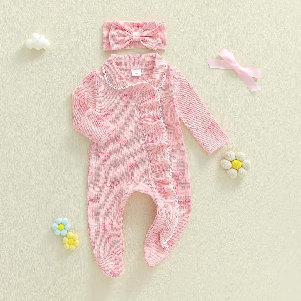 Citgeett Spring Newborn Baby Girl Fall Romper Waffled Bow Print Long Sleeve Zipper Footed Jumpsuit Headband Clothes