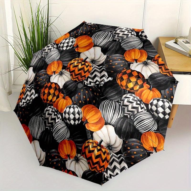 Pumpkin Pattern Halloween Automatic Folding Umbrella Simple 8 Rib Design, Bright Cartoon Pattern, Durable Iron Frame, Suitable For Travel,