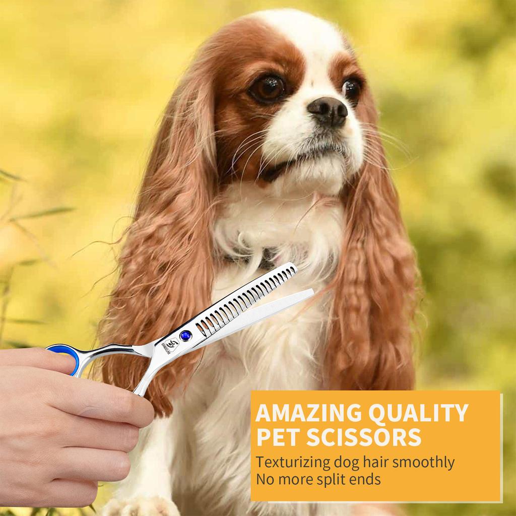 SANGELAR Профессиональный набор для ухода за домашними животными длиной 6,5 дюйма, прямые и изогнутые ножницы, 2 филировочных ножницы (20%-55%), Кровоостанавливающий зажим, расческа и премиум-кейс
