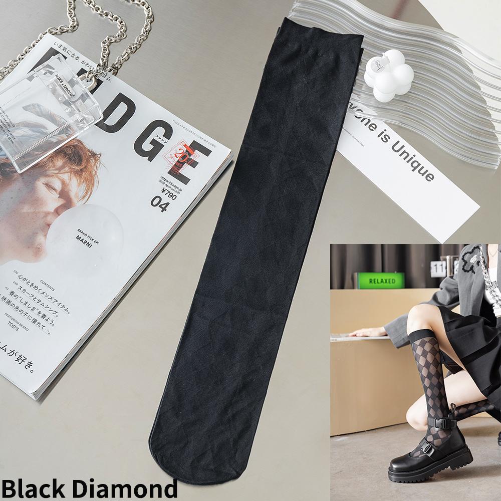Calf Socks Women's Summer Thin Black Stockings JK Socks Long Tube Stockings Diamond-Shaped British Style Half-Length Tube Socks
