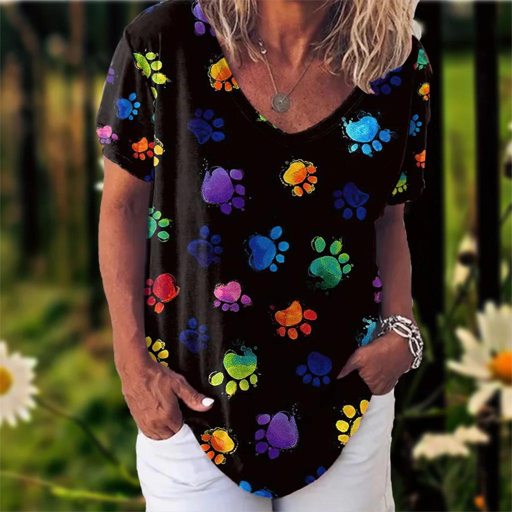 Женская футболка с принтом кошки для девочек, модная летняя футболка с коротким рукавом и v-образным вырезом, повседневный свободный топ, женская уличная рубашка большого размера