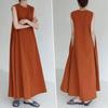 Летнее Однотонное Плюс Крю Супер Мори Девушка Стиль [ДНЕВНАЯ ОДЕЖДАDaycloth] Женское Хлопково-Льняное Платье, Цвет, На молнии, Без рукавов, Подчеркивающее фигуру, Размеры, Горловина,