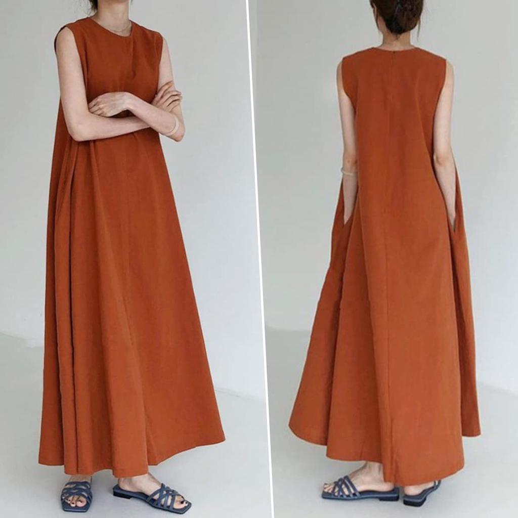Летнее Однотонное Плюс Крю Супер Мори Девушка Стиль [ДНЕВНАЯ ОДЕЖДАDaycloth] Женское Хлопково-Льняное Платье, Цвет, На молнии, Без рукавов, Подчеркивающее фигуру, Размеры, Горловина,