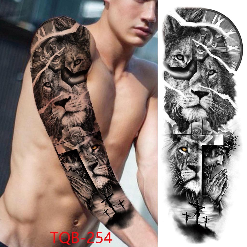 New 1 PC 480*170MM Super Large Compass Wolf Head Eye Fake Lion God Feather Temporary Tattoo Sleeves For Men Women Tattoo Full Arm Tattoo Sticker
