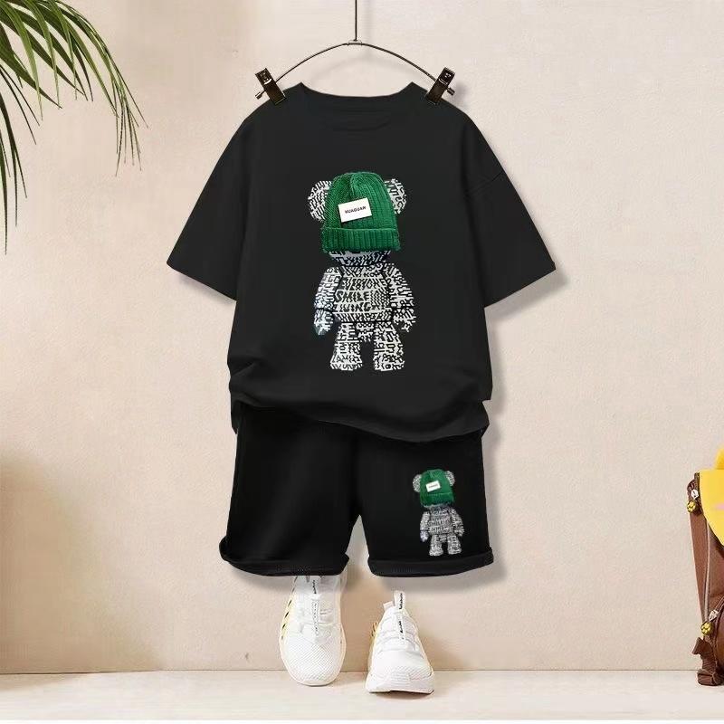Летний комплект одежды для мальчиков и девочек, детские футболки и шорты с принтом медведя из мультфильма, комплект из 2 предметов, детская модная верхняя и нижняя одежда