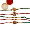 Set: Rakhi Bracelet (5 Pieces), Sindoor and Rice, Green & Red Pack of 5 Meenakari Rakhis and Roli Chawal,