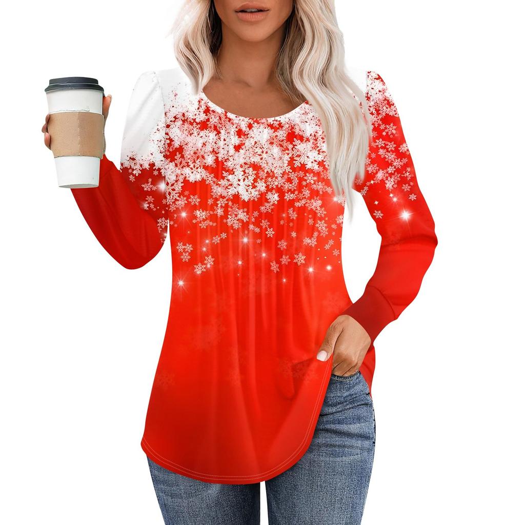 Рубашки с длинным рукавом для женщин, топы, нарядные повседневные блузки с рождественским принтом, плиссированные туники с круглым вырезом