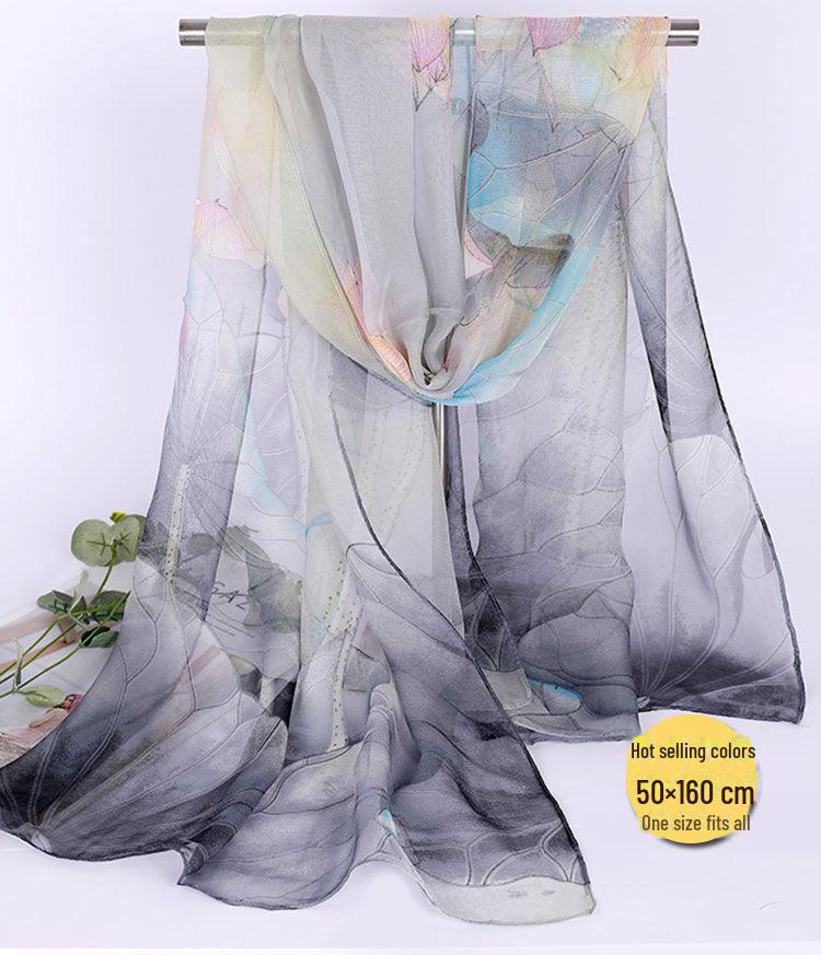 Lotus Georgette Silk Scarf: Medium-Length Printed Summer Shawl for Sun Protection and Dance, All-Match Mother Style.