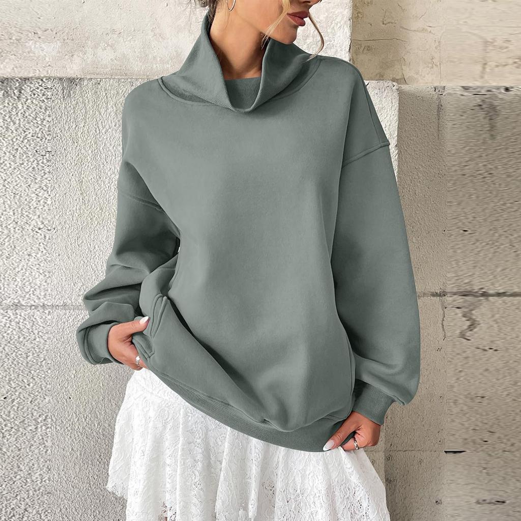 Женские флисовые свитшоты оверсайз с карманом, пуловер с высоким воротником, повседневные топы с длинным рукавом для осени, свободного кроя