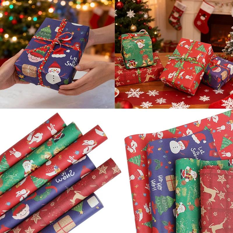 10M/roll Kraft Christmas Wrapping Paper Cartoon Santa Claus Elk Gift Box Packaging Material New Year Xmas Party Diy Decoration