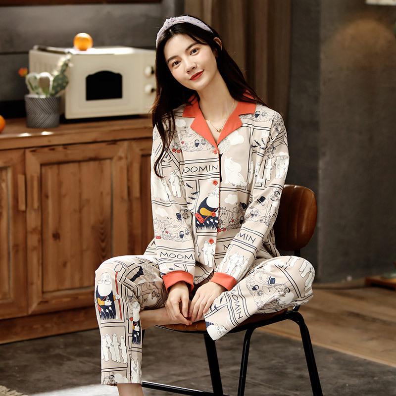 Женский пижамный комплект из чистого хлопка с длинными рукавами и нагрудными накладками — большой размер, весна/осень 2025 г.