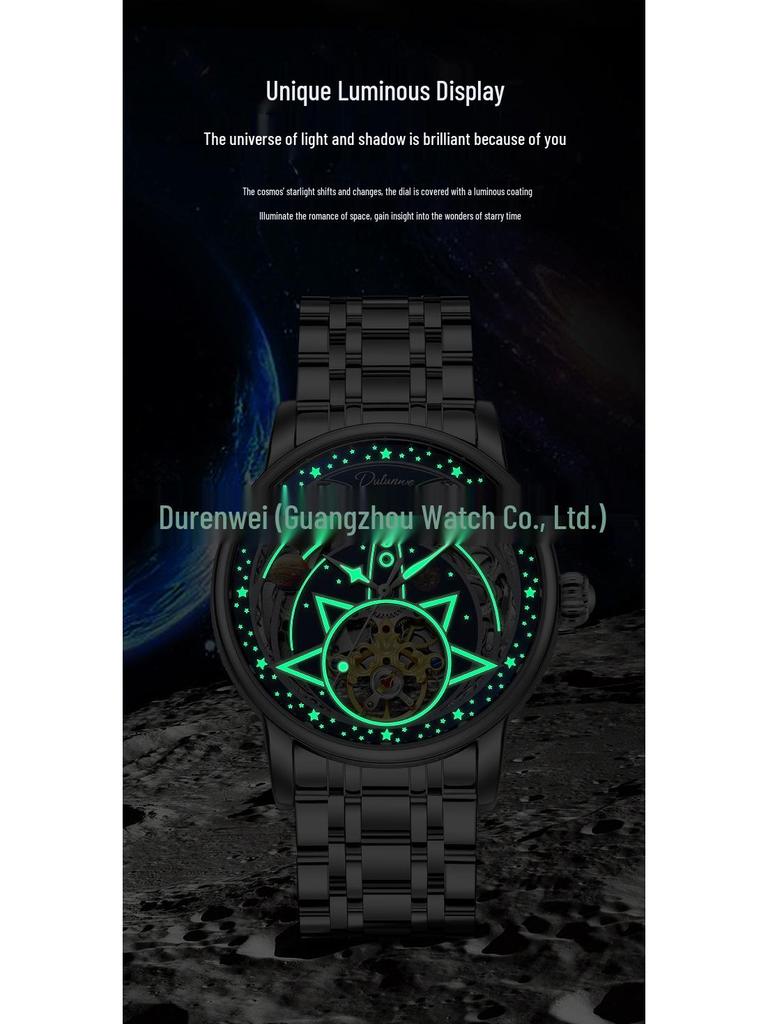 DURRENWEI Оригинальные мужские автоматические часы-скелетоны с индикатором фазы Луны, люминесцентным дисплеем и водонепроницаемыми характеристиками