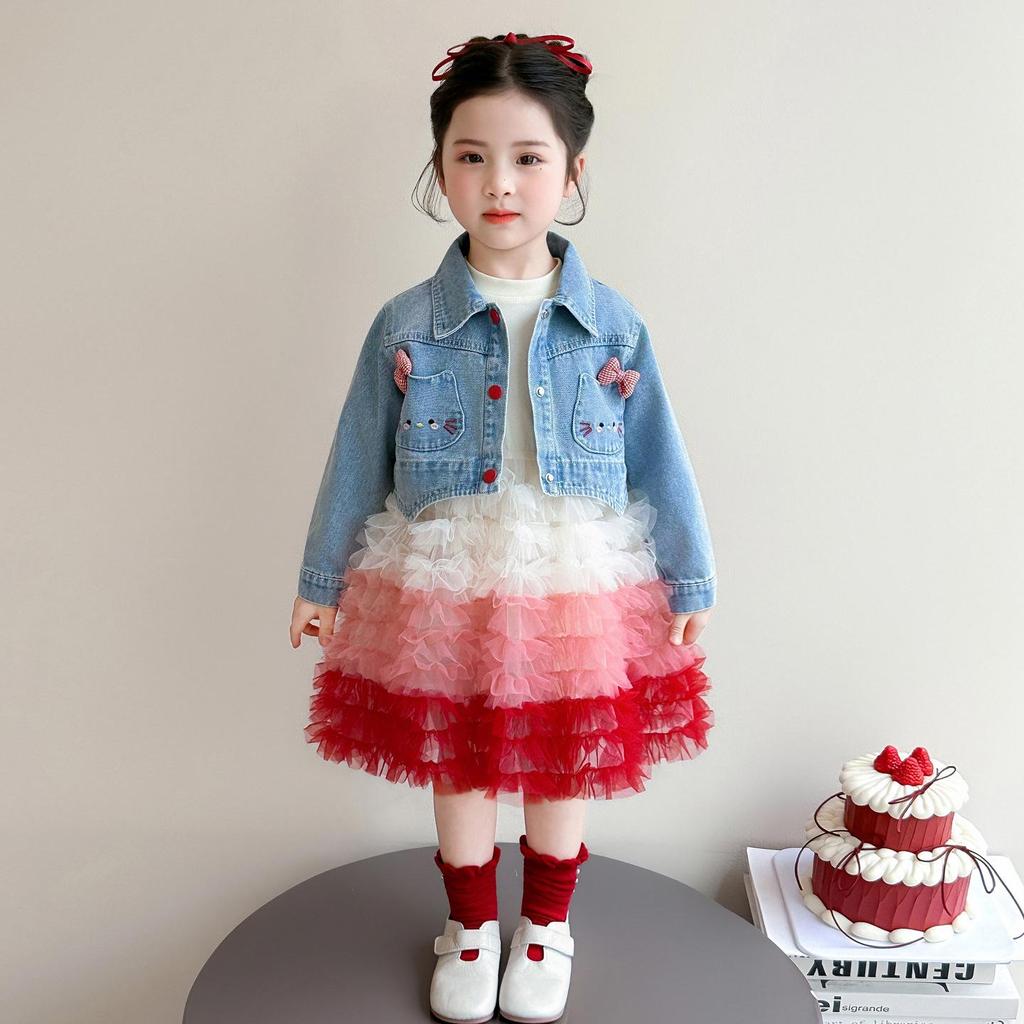 Spring Girls' Cat Denim Princess Dress Set - Baby Puffy Skirt Two-Piece
