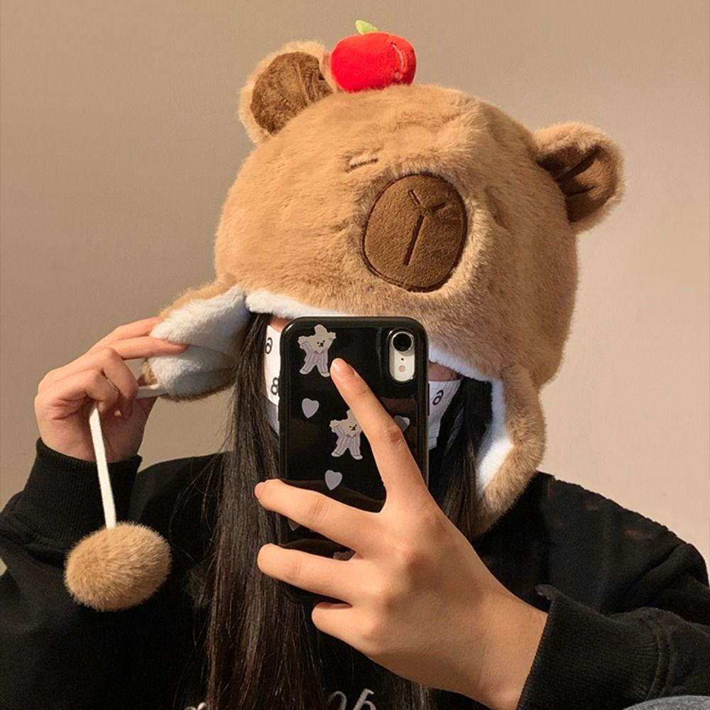 Шапка-пуловер Милая шапка капибары Мультяшная плюшевая шапка Милые животные Ушки Шапки-бини Зима Осень