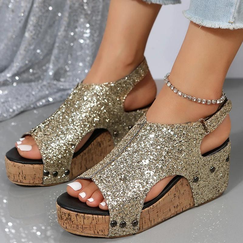 New Summer Sequin Flat-soled Heel Thick-soled Sandals Fashionable Sexy Women's Shoes Women's Sandals Fish Mouth Sandals