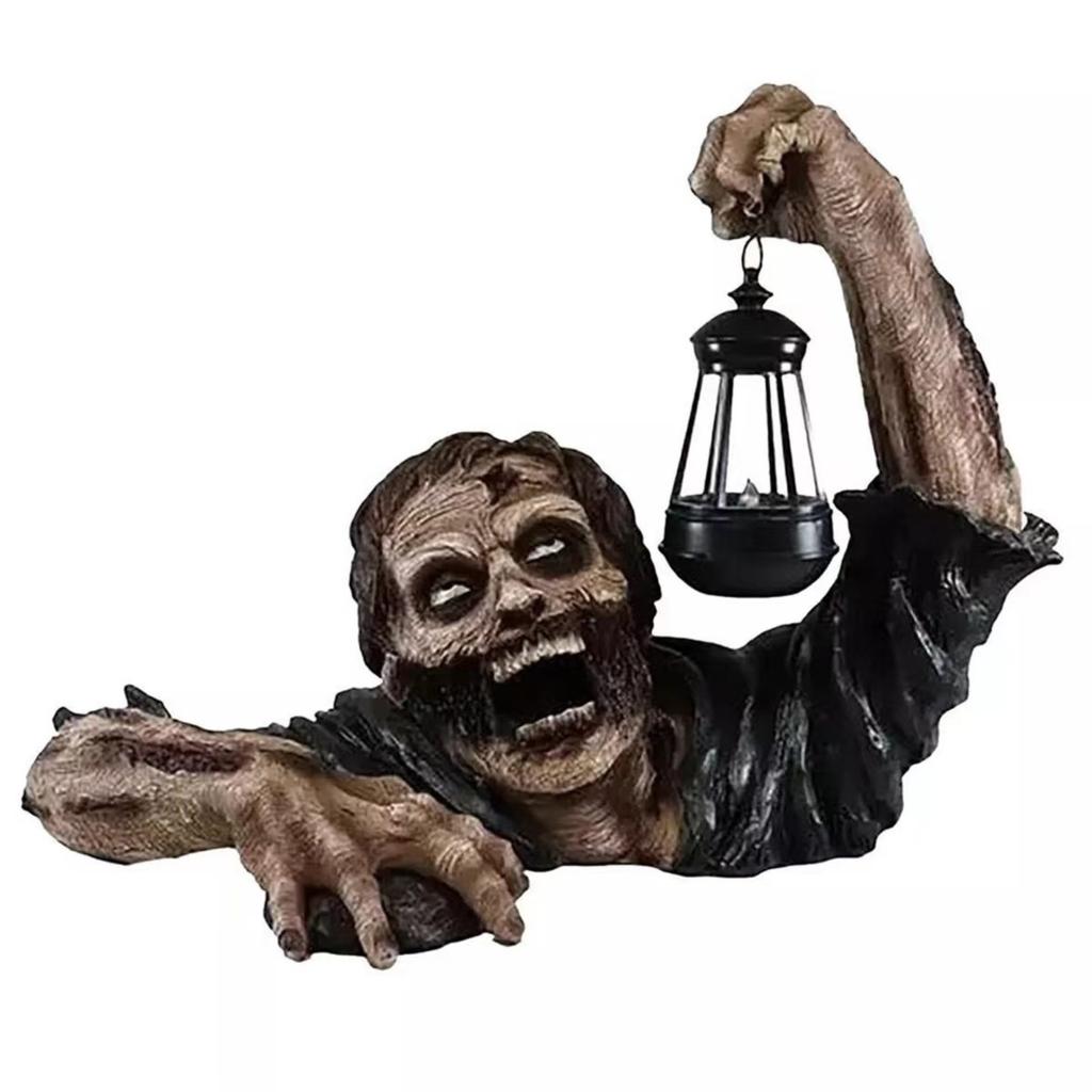 1pc Resin Crafts Horror Atmosphere Decorative Sculpture With Light Halloween Zombie Lantern Crawling Horror Decor Ornaments